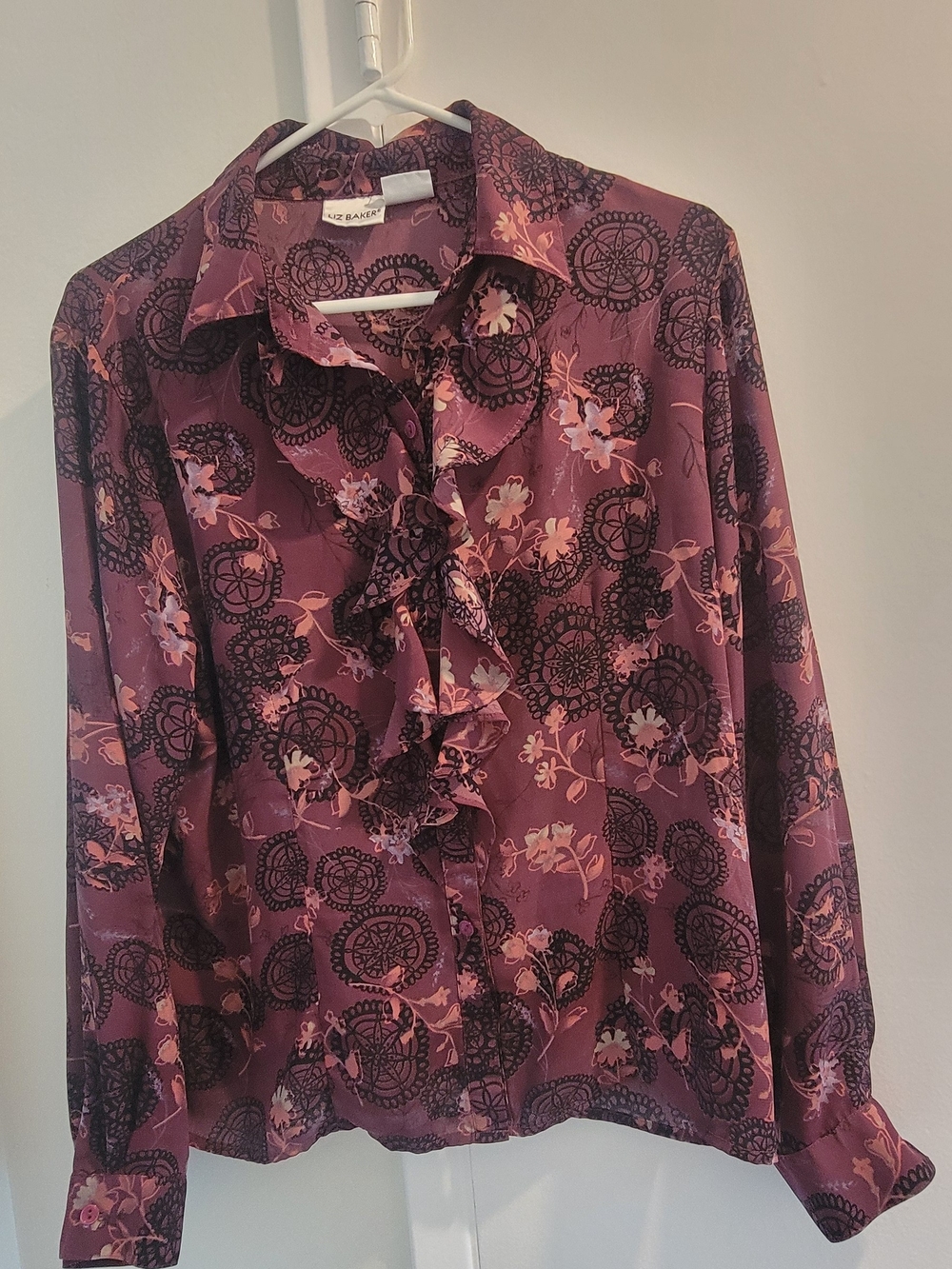 Liz Baker Plum Floral Ruffle Button-Down Blouse 12